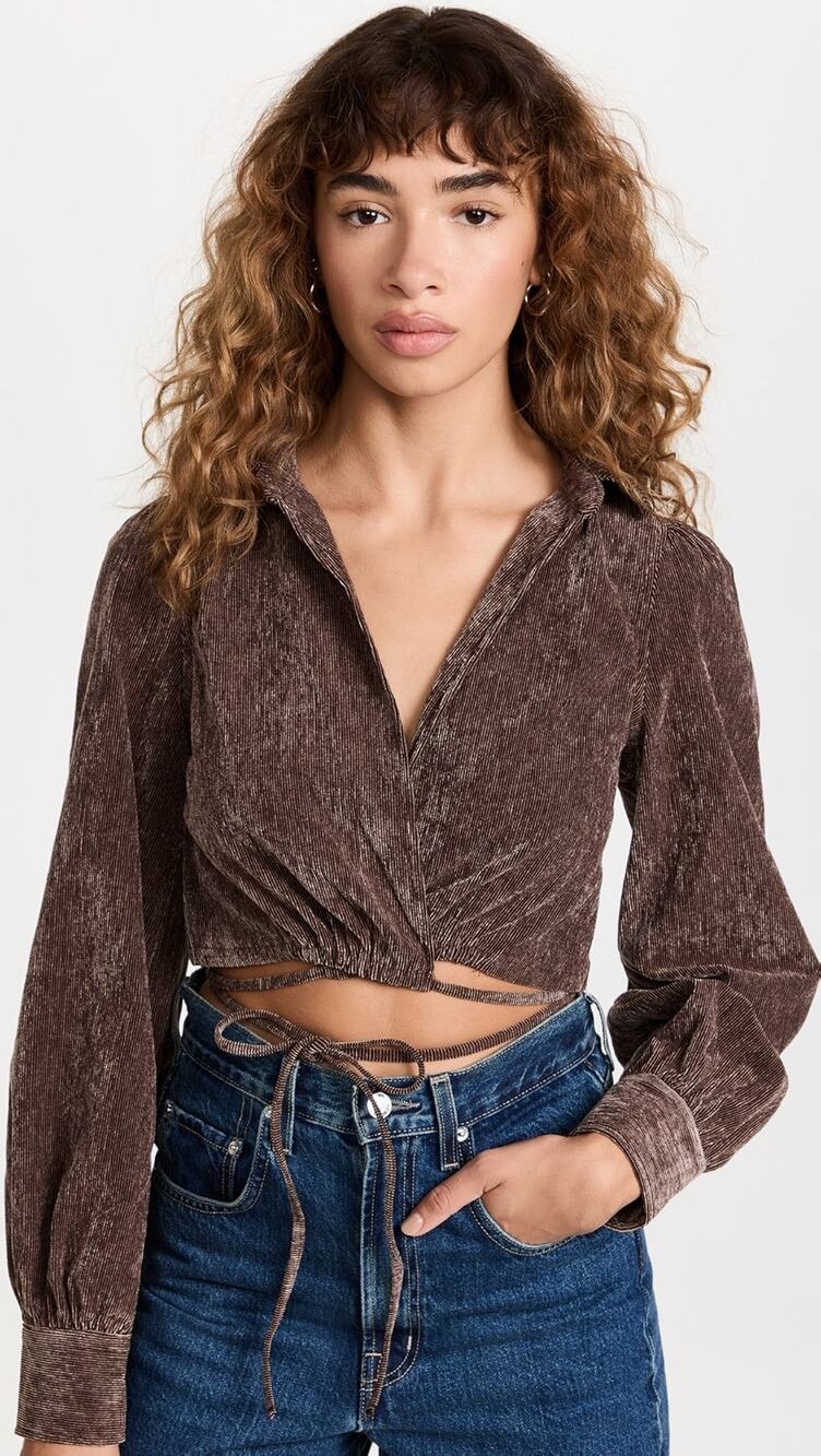 En Saison Route Wrap Brown Corduroy Wrap V-Neck Long Sleeve Crop Blouse Small
